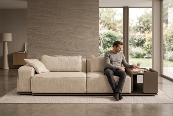 Däischtercouch Sofa 3 Sëtzer Beige Stoff Stoffsofa Polstersofa Dësch