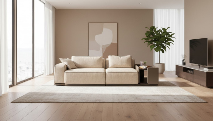 Däischtercouch Sofa 3 Sëtzer Beige Stoff Stoffsofa Polstersofa Dësch