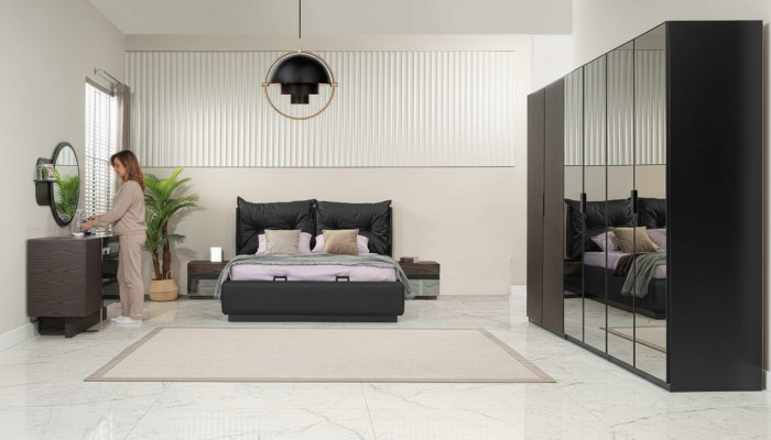 Schlofzëmmer Saz Duebelbett Bett Nopsiedeler Set 6 Deeler Schwaarz