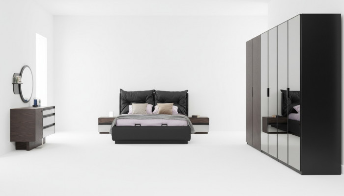 Schlofzëmmer Saz Duebelbett Bett Nopsiedeler Set 6 Deeler Schwaarz