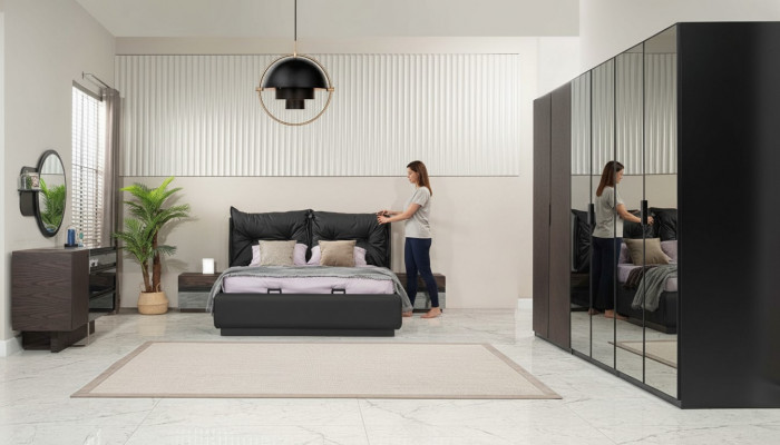 Duebelbett Garnitur Schlofzëmmer Bett Nuetsdëscher Schwaarz Set 6tlg