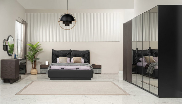 Duebelbett Garnitur Schlofzëmmer Bett Nuetsdëscher Schwaarz Set 6tlg