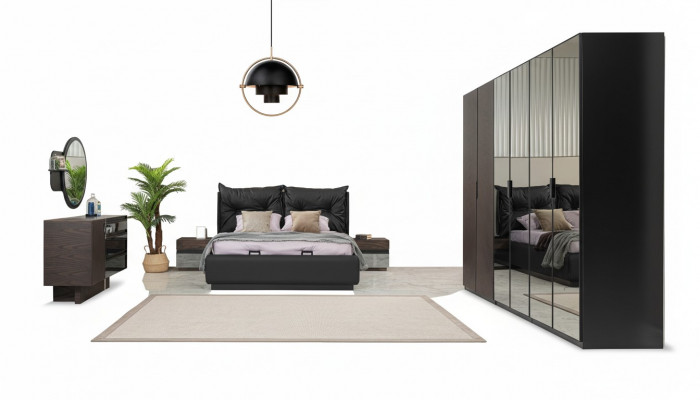 Duebelbett Garnitur Schlofzëmmer Bett Nuetsdëscher Schwaarz Set 6tlg