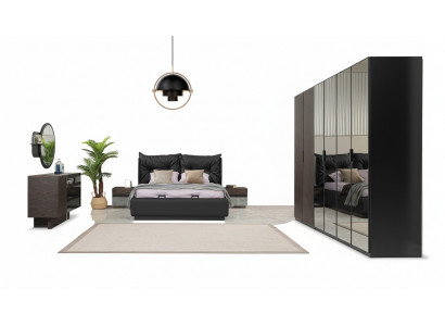 Duebelbett Garnitur Schlofzëmmer Bett Nuetsdëscher Schwaarz Set 6tlg
