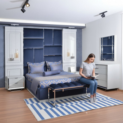 Design Gruppeschlofkummer Duebelbett Bett Nuetsdëscher Set 7tlg Blo.