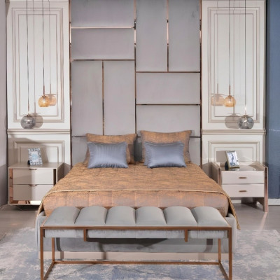 Luxus Schlofzëmmer Set Mat Duebelbett An Nochtschränk 5 Deeler Beige