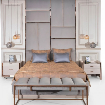Luxus Schlofzëmmer Set Mat Duebelbett An Nochtschränk 5 Deeler Beige