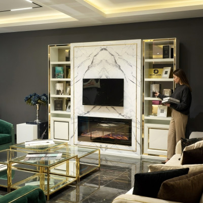 Wunnwand RTV Lowboard TV Stänner Wäiss Luxus Gold Vittinen Holz Modern