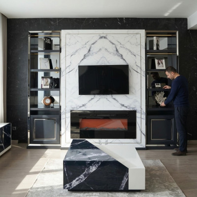 Luxus Wunnwand RTV Lowboard TV Ständer Grau Sëlwer Vitrine Holz Modern