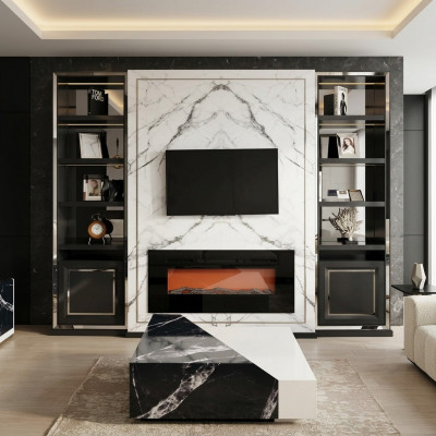 Luxus Wunnwand RTV Lowboard TV Ständer Grau Sëlwer Vitrine Holz Modern
