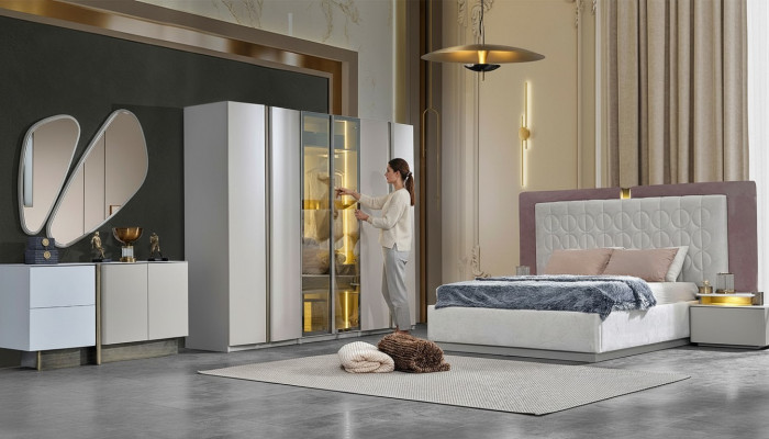 Komplett Schlofkummerméiwel Duebelbett Bett Wäiss Luxus Set 7 Stéck Holz