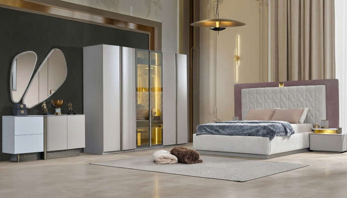 Komplett Schlofkummerméiwel Duebelbett Bett Wäiss Luxus Set 7 Stéck Holz