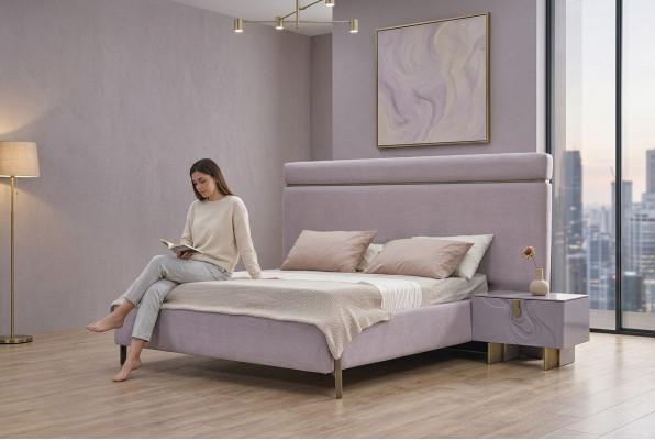 Doppelbett Komplett Schlofzëmmer Miwwelen Bett Rosa Luxus Set 3 Deeler Holz