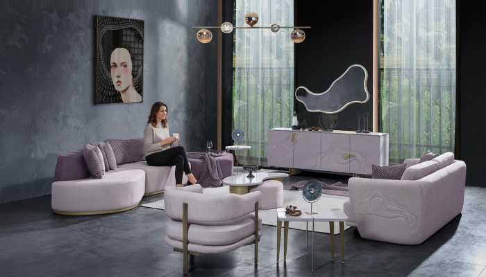 Canapéensemble Grouss Wunnlandschaft Rosa Stoffsofa Modern Set 7-Deeler