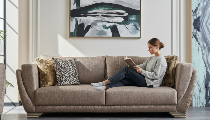Luxus Dräisëtzer Couch Sofa 3 Sëtzer Brong Stoff Stoffsofa Polstersofa