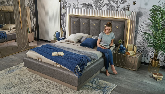 Duebelbett Komplett Schlofzëmmer Bett Brong Set 3 Deeler Nuetsdëscher Holz