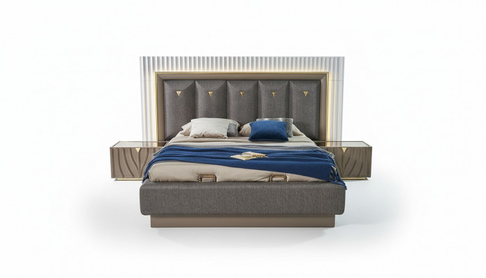 Duebelbett Komplett Schlofzëmmer Bett Brong Set 3 Deeler Nuetsdëscher Holz