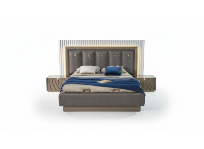 Duebelbett Komplett Schlofzëmmer Bett Brong Set 3 Deeler Nuetsdëscher Holz