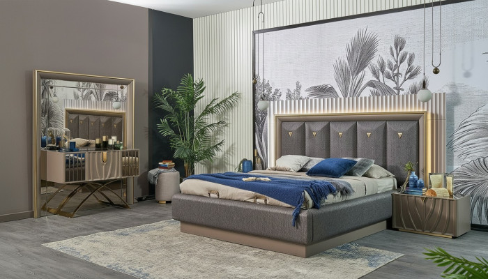 Schlofzëmmer Garnitur Duebelbett Bett Braun Set 4tlg Konsolendësch Nei