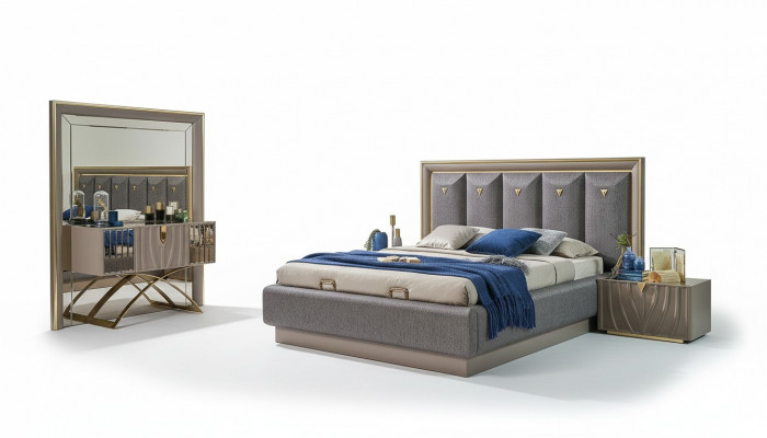 Schlofzëmmer Garnitur Duebelbett Bett Braun Set 4tlg Konsolendësch Nei