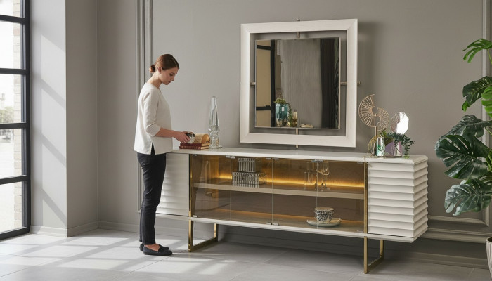 Anrichte Garnitur Säitenschaf mat Spigel Iesszëmmer Holz Beige Kommode