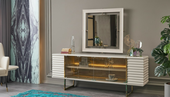 Anrichte Garnitur Säitenschaf mat Spigel Iesszëmmer Holz Beige Kommode