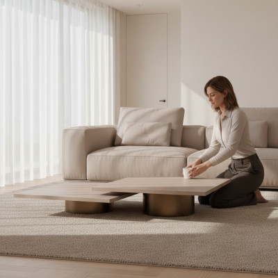 Grupp Dëscher Couchtisch Kaffisdësch Säitentësch Holz Set Beige 2-Deelstell.