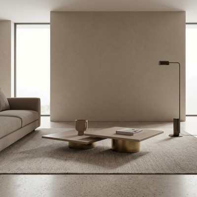 Grupp Dëscher Couchtisch Kaffisdësch Säitentësch Holz Set Beige 2-Deelstell.