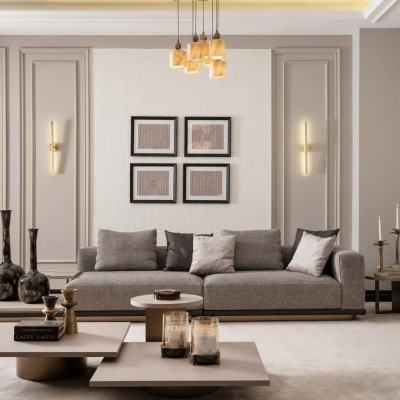 Set vu Wohnzimmermiwwel: Véiersëtzer Canapé, 4 Sëtzer Couch, 5 Deeler Set mat Couchtischen a Gréngrauweiß.