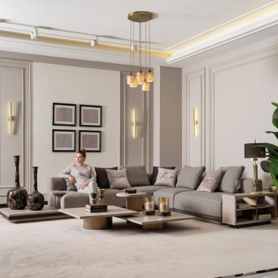 Wunnlandschaft Garnitur Wunnzëmmer Ecksofa Sofa Dësch 5tlg Gro