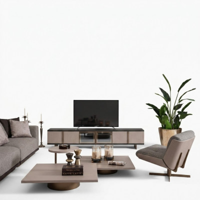 Wunnzëmmer Koppel Fauteuil RTV Lowboard Couchtischen Holz Beige 6-Stéck