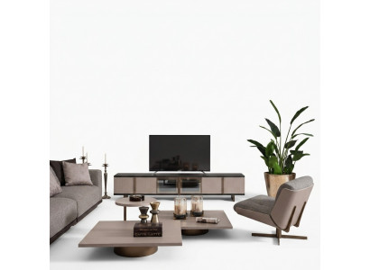 Wunnzëmmer Koppel Fauteuil RTV Lowboard Couchtischen Holz Beige 6-Stéck