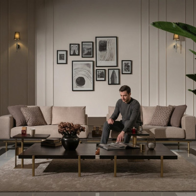 Wunnzëmmer Grupp Sofa Couchtische 4tlg Stoffsofa Beige Holz Modern