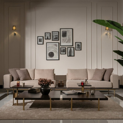 Wunnzëmmer Grupp Sofa Couchtische 4tlg Stoffsofa Beige Holz Modern