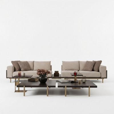 Wunnzëmmer Grupp Sofa Couchtische 4tlg Stoffsofa Beige Holz Modern