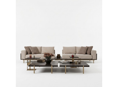 Wunnzëmmer Grupp Sofa Couchtische 4tlg Stoffsofa Beige Holz Modern