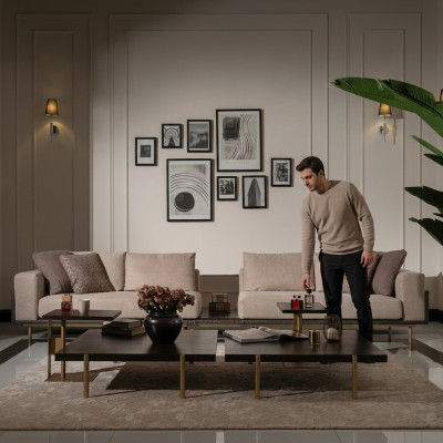 Viersëtzeger Sofa 4 Sëtz Polstersofa Stoffssofa Béisch Modernen Dësch Nei
