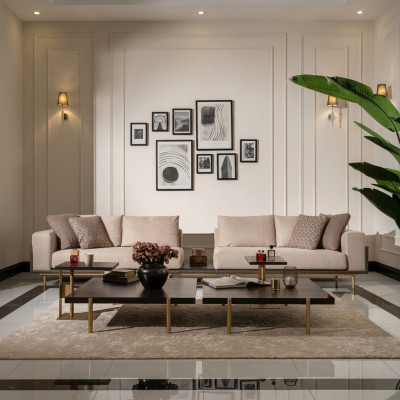 Viersëtzeger Sofa 4 Sëtz Polstersofa Stoffssofa Béisch Modernen Dësch Nei