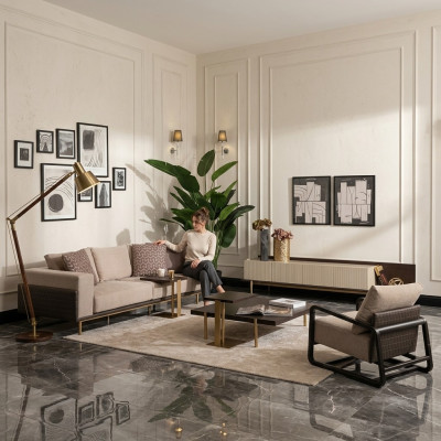 Komplett Wunnzëmmer Sofa Couchtischen 6tlg Stoffsofa Beige Holz Modern