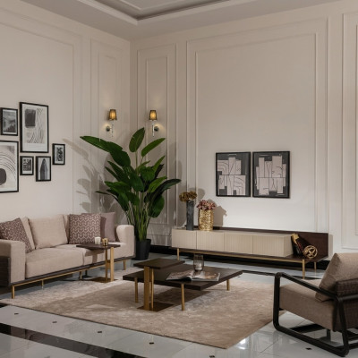 Komplett Wunnzëmmer Sofa Couchtischen 6tlg Stoffsofa Beige Holz Modern