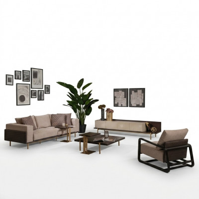 Komplett Wunnzëmmer Sofa Couchtischen 6tlg Stoffsofa Beige Holz Modern