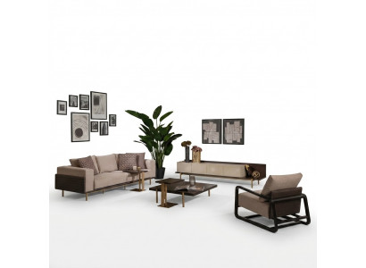 Komplett Wunnzëmmer Sofa Couchtischen 6tlg Stoffsofa Beige Holz Modern