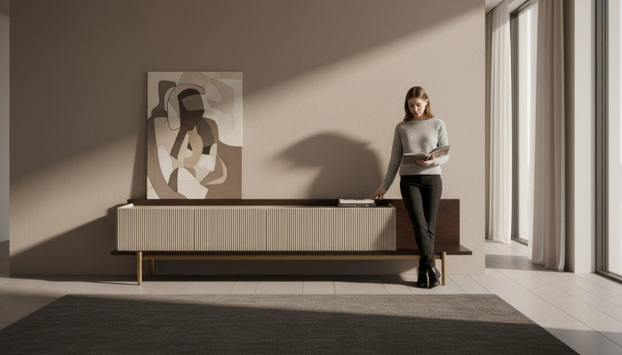 Sideboard RTV Lowboard TV Ständer Dësch Wunnzëmmer Holz Beige Modern