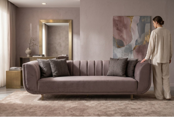 Modern Dräisëtz Couch Sofa Polstersofa Stoffsofa Lila, 3-Sëtz, Nei