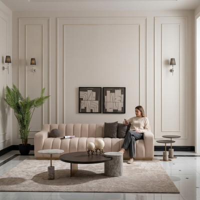 Garnitur Wunnzëmmer Dräisëtz Couchtischen 4tlg Stoffsofa Beige Holz