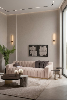 Garnitur Wunnzëmmer Dräisëtz Couchtischen 4tlg Stoffsofa Beige Holz