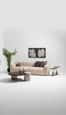 Garnitur Wunnzëmmer Dräisëtz Couchtischen 4tlg Stoffsofa Beige Holz