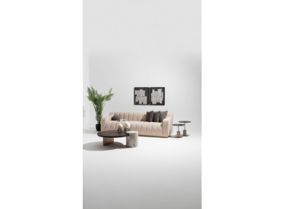 Garnitur Wunnzëmmer Dräisëtz Couchtischen 4tlg Stoffsofa Beige Holz