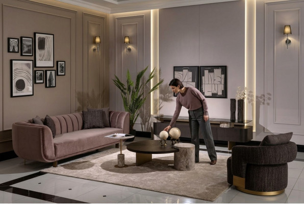 Wunnzëmmer Garnitur Sofa Fauteuil Braun Stoff Dëschset 5 Deeler RTV