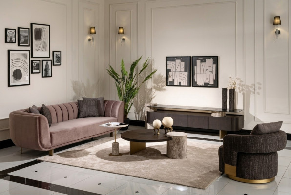 Wunnzëmmer Garnitur Sofa Fauteuil Braun Stoff Dëschset 5 Deeler RTV